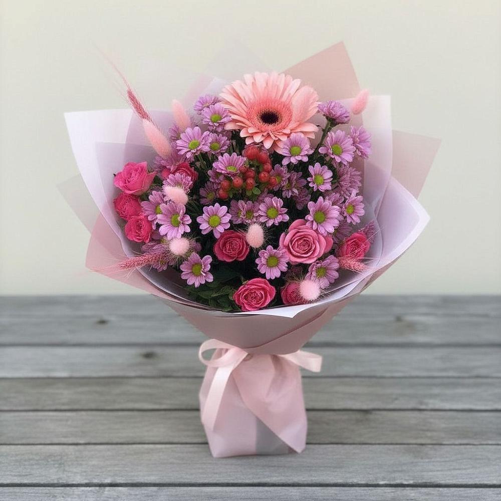 Букет цветов из: Розы, Герберы и Хризантемы в Манасе