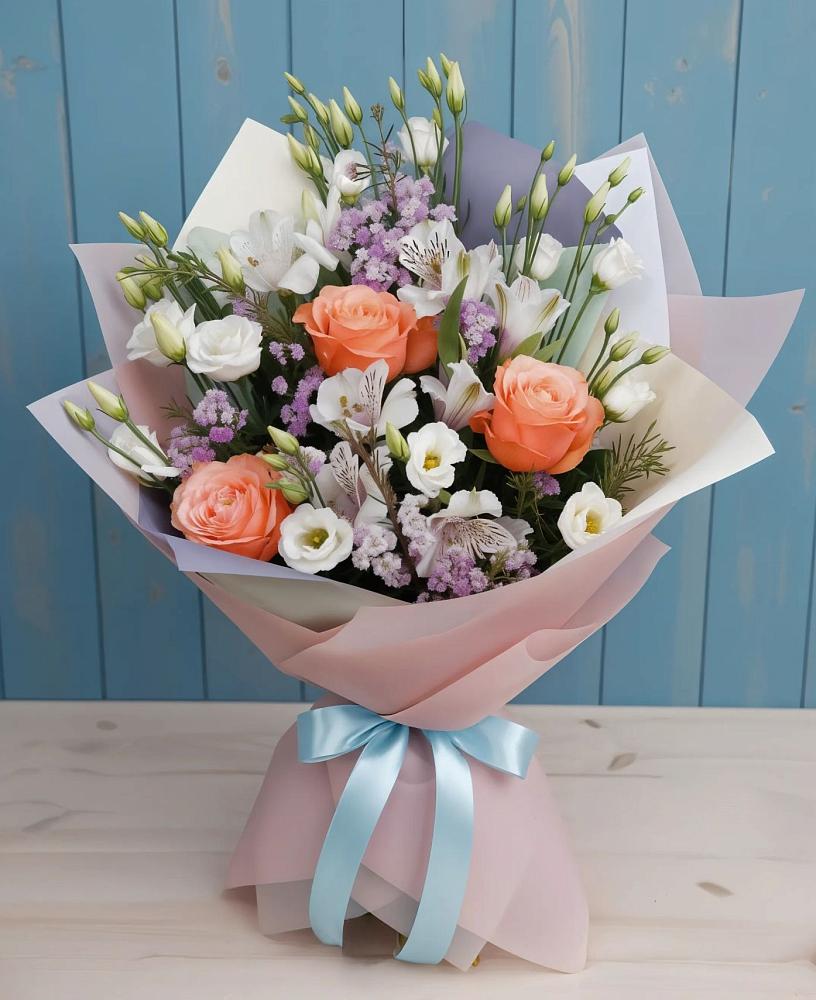 Букет цветов из: Лизиантусы, Розы, Альстромерии и Гипсофила в Манасе