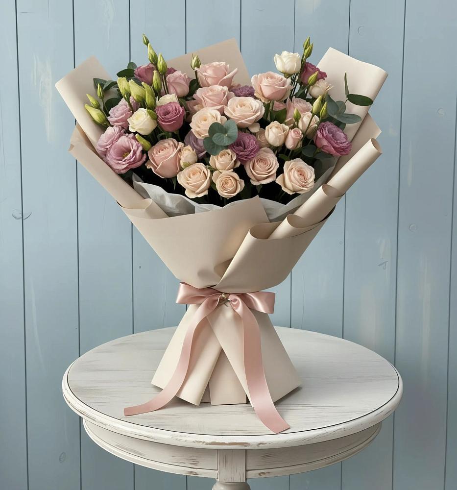 Букет цветов из: Розы и Лизиантусы в Манасе